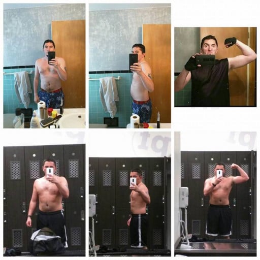 A progress pic of a 5'8" man showing a fat loss from 179 pounds to 175 pounds. A net loss of 4 pounds.