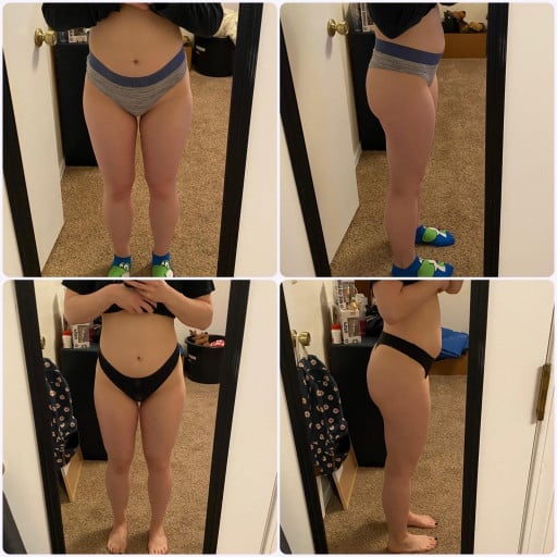 A before and after photo of a 5'3" female showing a weight gain from 129 pounds to 138 pounds. A respectable gain of 9 pounds.