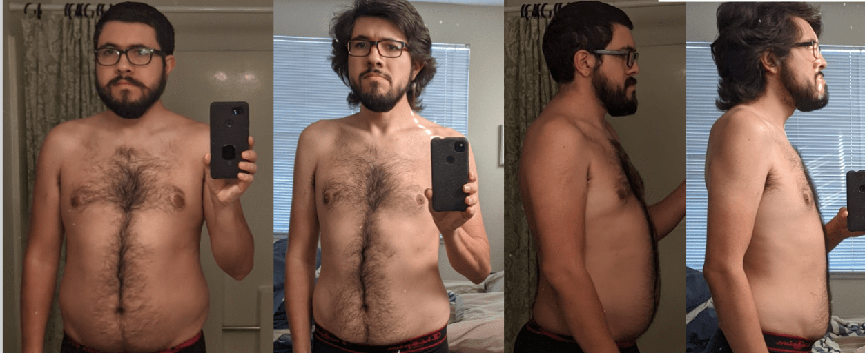 A progress pic of a 6'0" man showing a fat loss from 210 pounds to 170 pounds. A total loss of 40 pounds.