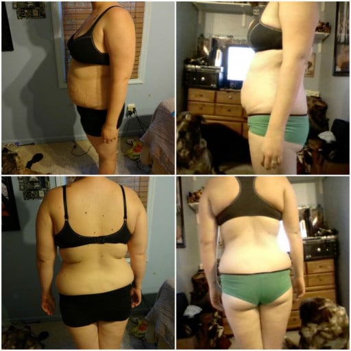 A picture of a 5'6" female showing a weight loss from 225 pounds to 168 pounds. A net loss of 57 pounds.