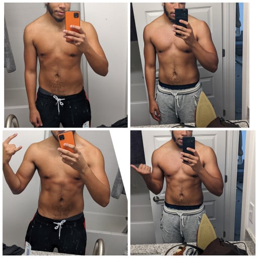 A before and after photo of a 5'11" male showing a weight bulk from 180 pounds to 188 pounds. A net gain of 8 pounds.