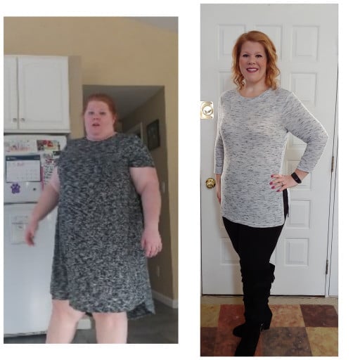 A progress pic of a 5'7" woman showing a fat loss from 338 pounds to 211 pounds. A total loss of 127 pounds.