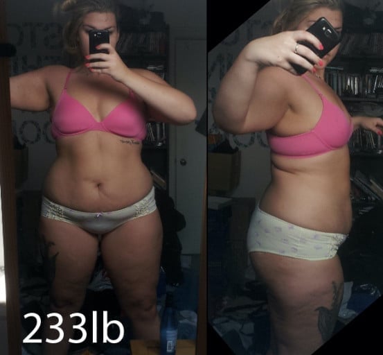 A photo of a 5'10" woman showing a weight loss from 239 pounds to 222 pounds. A net loss of 17 pounds.