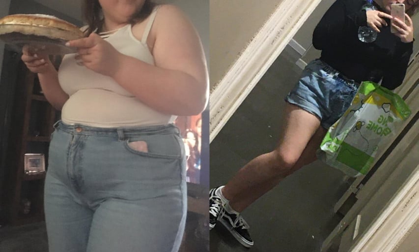 A before and after photo of a 5'3" female showing a weight reduction from 230 pounds to 156 pounds. A net loss of 74 pounds.