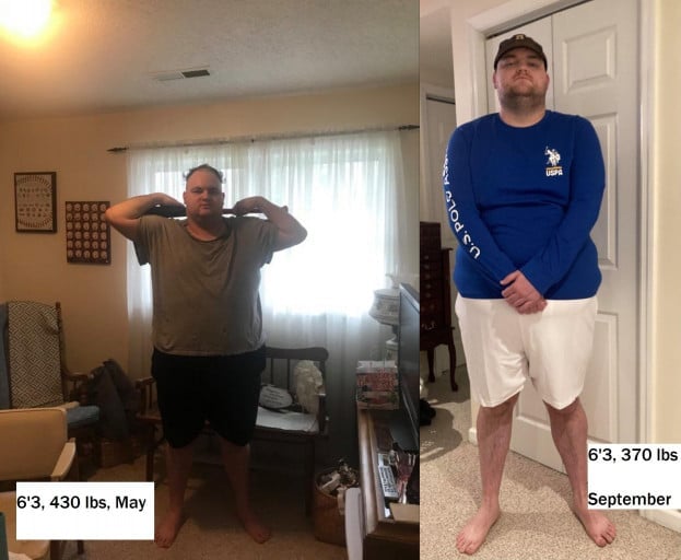 A photo of a 6'3" man showing a weight cut from 430 pounds to 370 pounds. A net loss of 60 pounds.