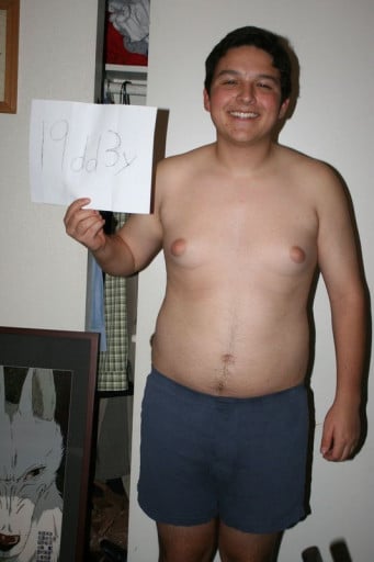 A before and after photo of a 5'7" male showing a snapshot of 185 pounds at a height of 5'7