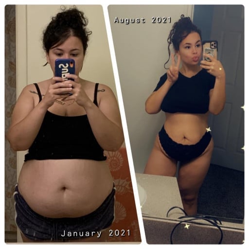 A progress pic of a 5'2" woman showing a fat loss from 210 pounds to 165 pounds. A net loss of 45 pounds.