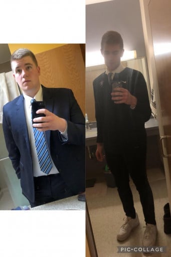 A before and after photo of a 6'6" male showing a weight reduction from 400 pounds to 225 pounds. A net loss of 175 pounds.