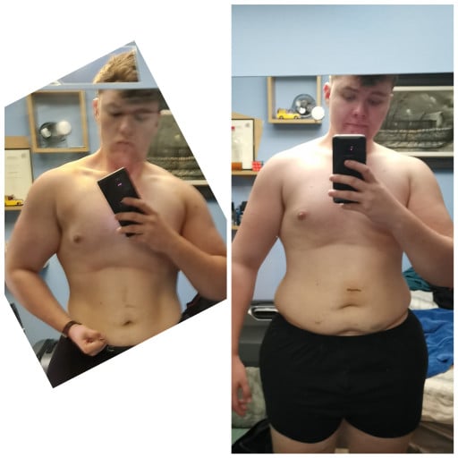 A progress pic of a 6'5" man showing a fat loss from 342 pounds to 282 pounds. A total loss of 60 pounds.