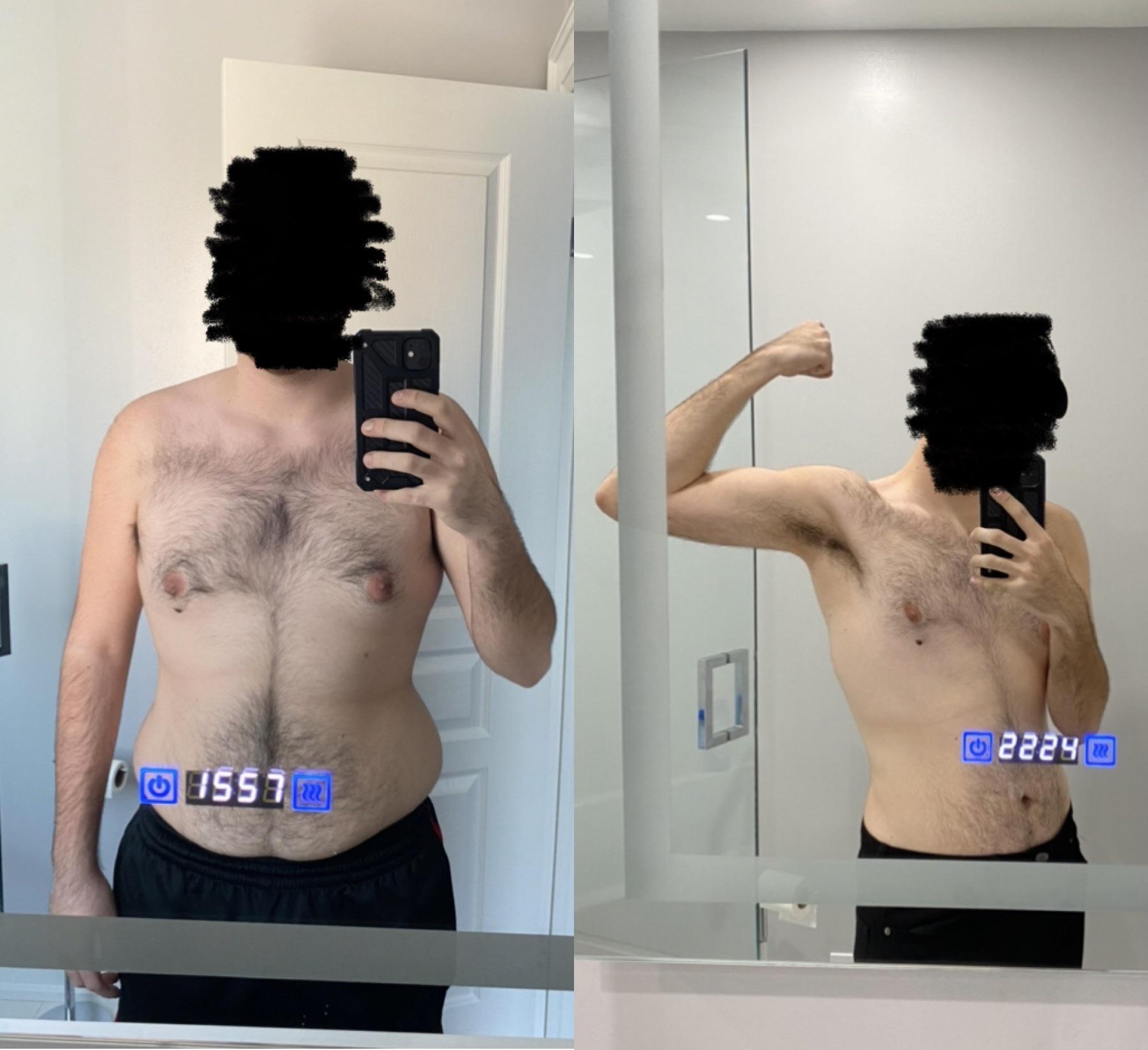 Before and After 41 lbs Fat Loss 5 foot 10 Male 214 lbs to 173 lbs