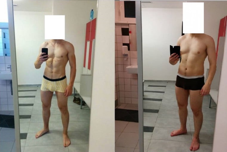 A progress pic of a 5'11" man showing a fat loss from 187 pounds to 154 pounds. A respectable loss of 33 pounds.