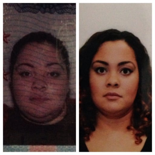 A progress pic of a 5'8" woman showing a fat loss from 300 pounds to 254 pounds. A respectable loss of 46 pounds.