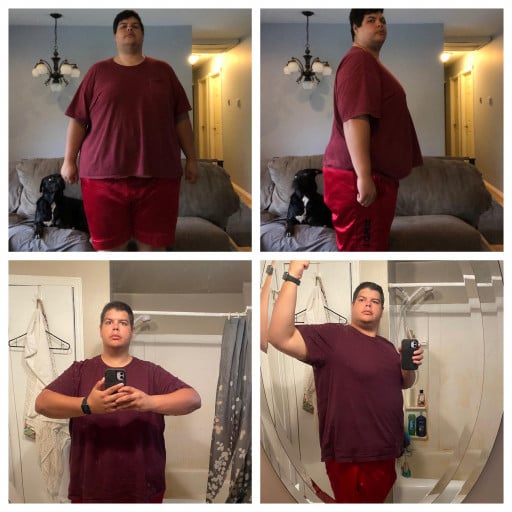A picture of a 6'0" male showing a weight loss from 423 pounds to 349 pounds. A net loss of 74 pounds.