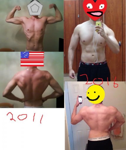 A photo of a 6'1" man showing a muscle gain from 159 pounds to 195 pounds. A net gain of 36 pounds.