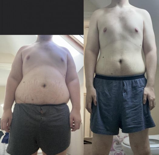 A picture of a 5'9" male showing a weight loss from 228 pounds to 170 pounds. A net loss of 58 pounds.