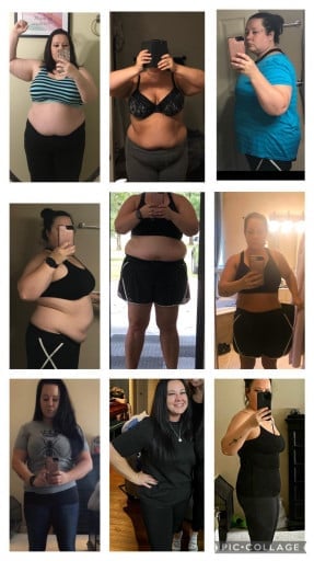 A before and after photo of a 5'2" female showing a weight reduction from 240 pounds to 130 pounds. A respectable loss of 110 pounds.