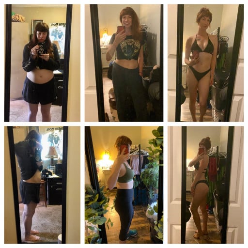 A picture of a 5'4" female showing a weight loss from 170 pounds to 127 pounds. A total loss of 43 pounds.