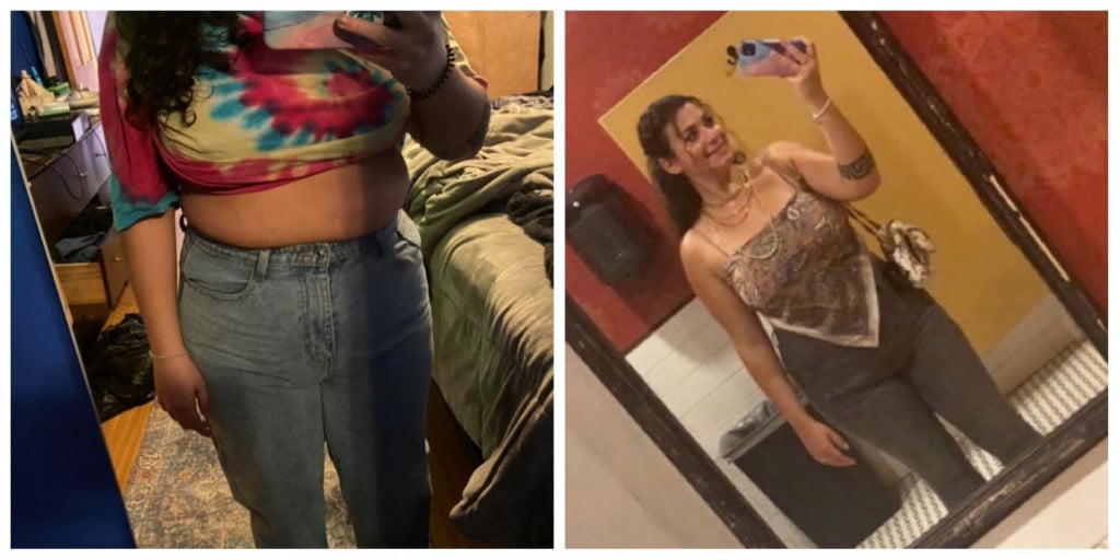 A before and after photo of a 5'3" female showing a weight reduction from 200 pounds to 185 pounds. A total loss of 15 pounds.