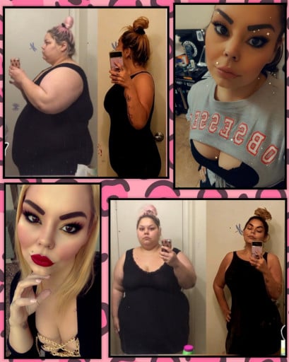 A progress pic of a 5'4" woman showing a fat loss from 425 pounds to 175 pounds. A total loss of 250 pounds.