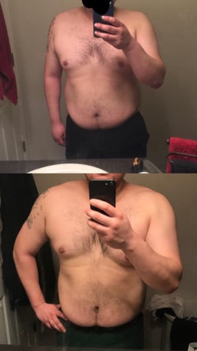 A before and after photo of a 5'9" male showing a weight reduction from 289 pounds to 234 pounds. A total loss of 55 pounds.