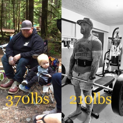A picture of a 5'8" male showing a weight loss from 370 pounds to 160 pounds. A total loss of 210 pounds.