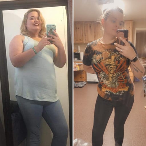 A progress pic of a 5'6" woman showing a fat loss from 350 pounds to 175 pounds. A net loss of 175 pounds.