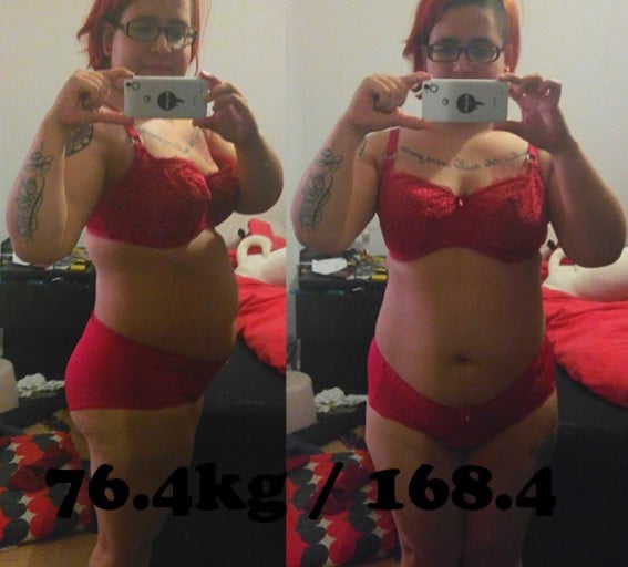 A before and after photo of a 5'2" female showing a fat loss from 205 pounds to 168 pounds. A total loss of 37 pounds.
