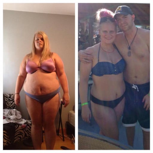 A before and after photo of a 5'6" female showing a weight reduction from 291 pounds to 195 pounds. A total loss of 96 pounds.