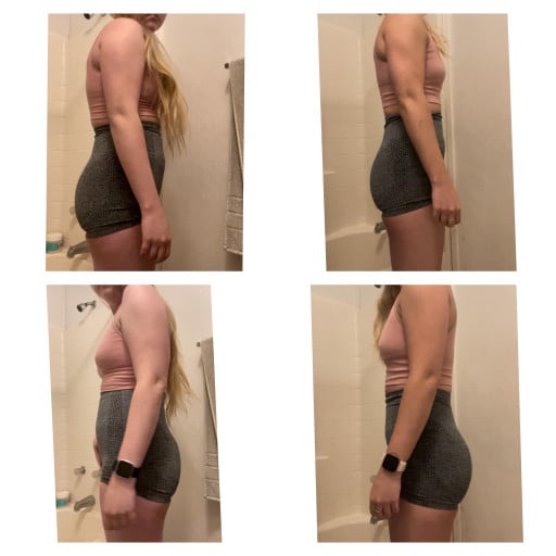 A progress pic of a 5'6" woman showing a fat loss from 155 pounds to 147 pounds. A total loss of 8 pounds.