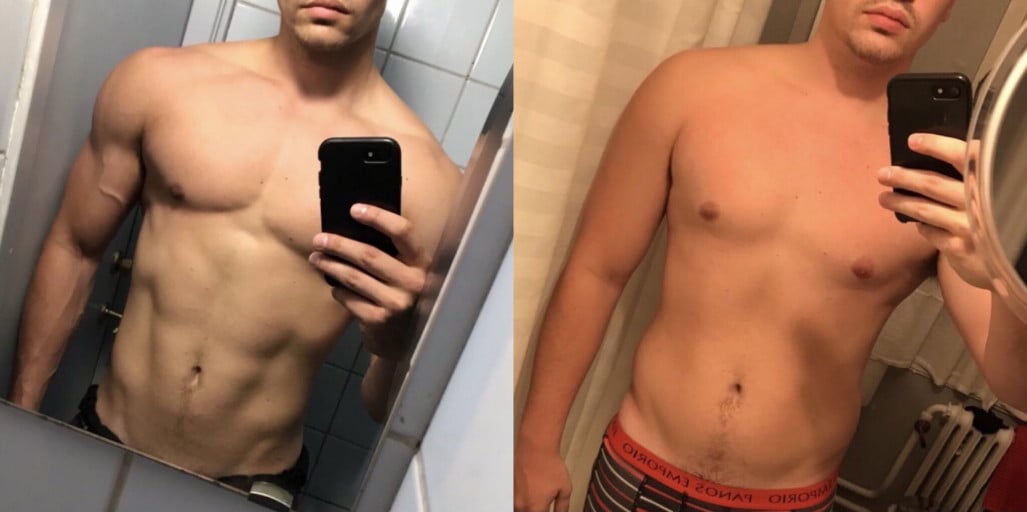 A progress pic of a 6'0" man showing a fat loss from 213 pounds to 178 pounds. A respectable loss of 35 pounds.