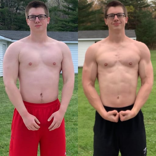 A before and after photo of a 5'11" male showing a weight reduction from 205 pounds to 165 pounds. A respectable loss of 40 pounds.