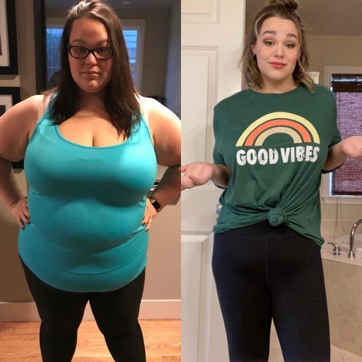 A progress pic of a 5'6" woman showing a fat loss from 320 pounds to 180 pounds. A total loss of 140 pounds.
