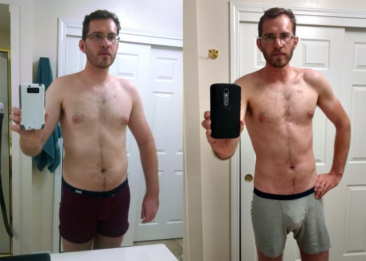 A picture of a 6'4" male showing a weight reduction from 210 pounds to 185 pounds. A total loss of 25 pounds.