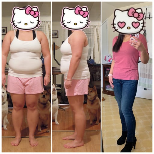 A progress pic of a 4'11" woman showing a fat loss from 172 pounds to 112 pounds. A total loss of 60 pounds.