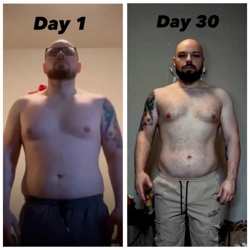 A picture of a 5'9" male showing a weight loss from 225 pounds to 212 pounds. A net loss of 13 pounds.