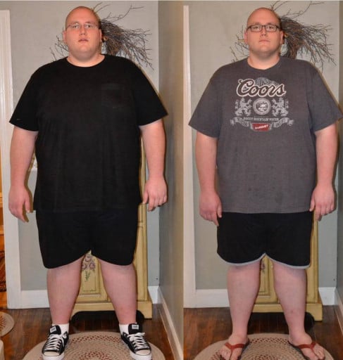A picture of a 6'7" male showing a weight reduction from 525 pounds to 449 pounds. A total loss of 76 pounds.