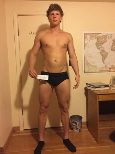 A before and after photo of a 6'7" male showing a snapshot of 225 pounds at a height of 6'7