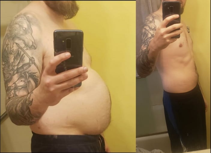 A picture of a 6'2" male showing a weight loss from 280 pounds to 195 pounds. A net loss of 85 pounds.