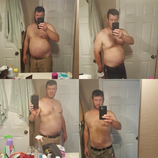 A progress pic of a 6'1" man showing a fat loss from 279 pounds to 220 pounds. A respectable loss of 59 pounds.