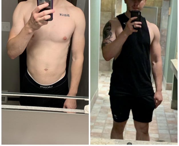 A progress pic of a 5'11" man showing a weight gain from 155 pounds to 195 pounds. A total gain of 40 pounds.