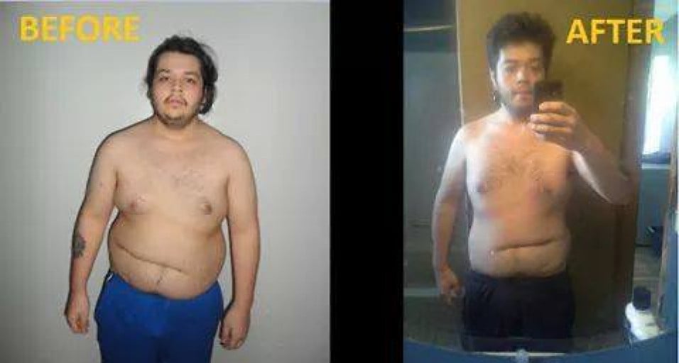 A progress pic of a 5'0" man showing a fat loss from 300 pounds to 208 pounds. A net loss of 92 pounds.