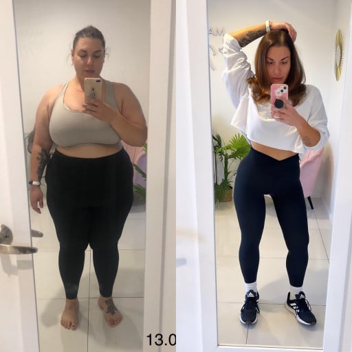A picture of a 5'6" female showing a weight loss from 335 pounds to 150 pounds. A total loss of 185 pounds.