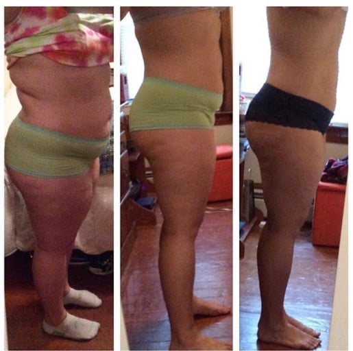 A before and after photo of a 5'6" female showing a fat loss from 250 pounds to 171 pounds. A total loss of 79 pounds.