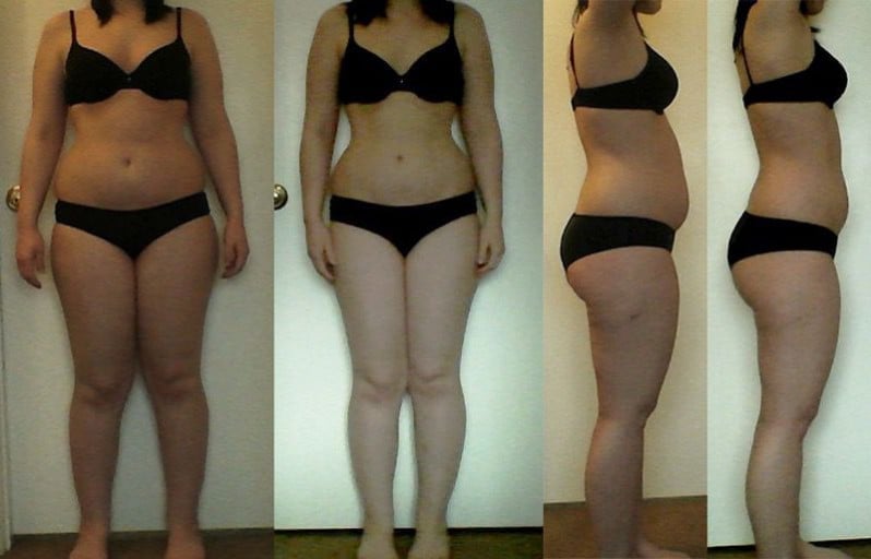 A photo of a 5'3" woman showing a weight cut from 155 pounds to 148 pounds. A net loss of 7 pounds.