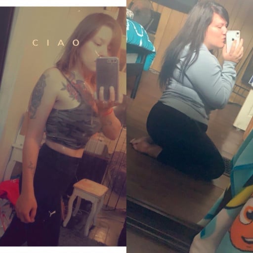 A picture of a 5'0" female showing a weight loss from 195 pounds to 110 pounds. A net loss of 85 pounds.