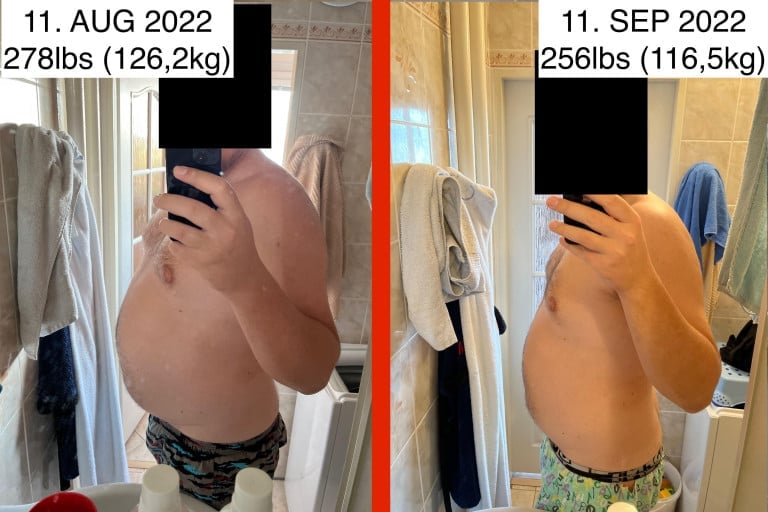 A progress pic of a 6'1" man showing a fat loss from 278 pounds to 256 pounds. A total loss of 22 pounds.