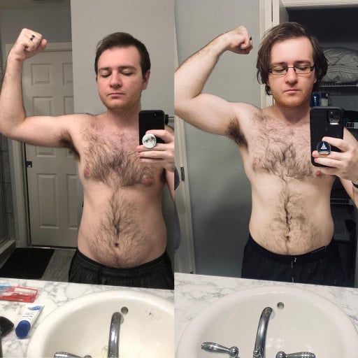 A progress pic of a 5'9" man showing a weight gain from 210 pounds to 250 pounds. A net gain of 40 pounds.