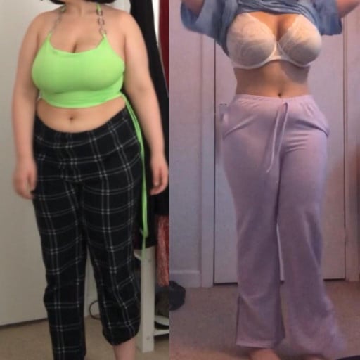 A before and after photo of a 5'5" female showing a weight reduction from 195 pounds to 169 pounds. A net loss of 26 pounds.