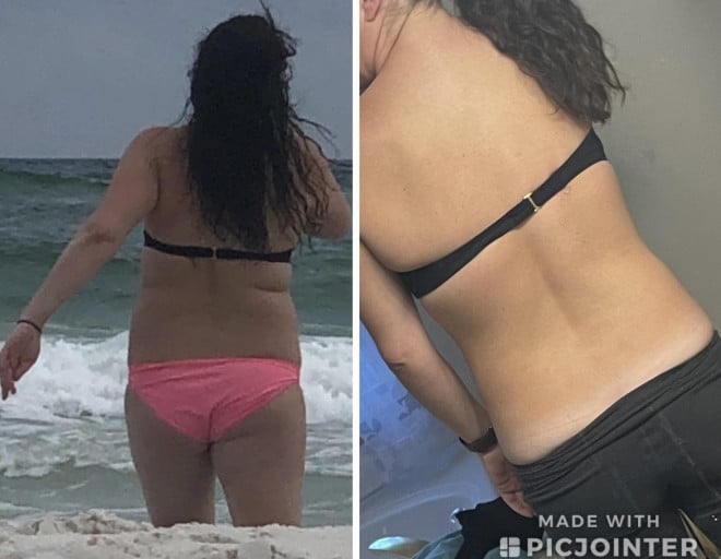 A progress pic of a 5'5" woman showing a fat loss from 162 pounds to 141 pounds. A net loss of 21 pounds.