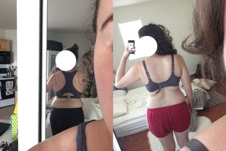 A picture of a 5'4" female showing a weight gain from 130 pounds to 135 pounds. A total gain of 5 pounds.